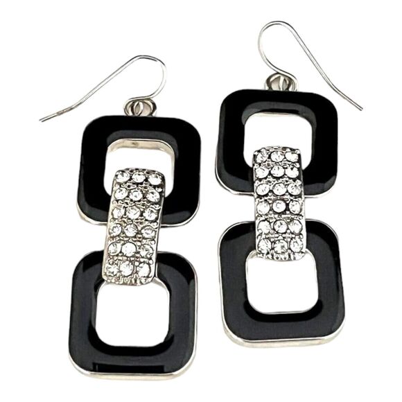 Vintage Earrings Black Enamel Crystals Silver Tone Dangle Women's 1H - Picture 1 of 4